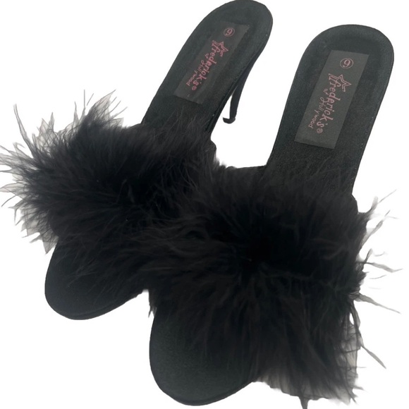 VTG Fredericks of Hollywood Marabou Black Feather Satin Boudoir Heel Sz 9 NIB - Picture 1 of 9